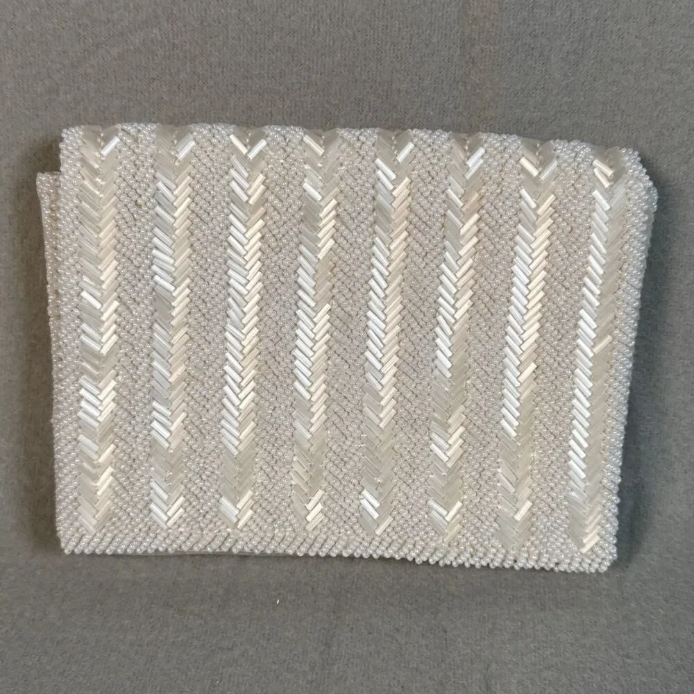 Vintage Walborg beaded evening clutch purse Pearl White Hong Kong mid century